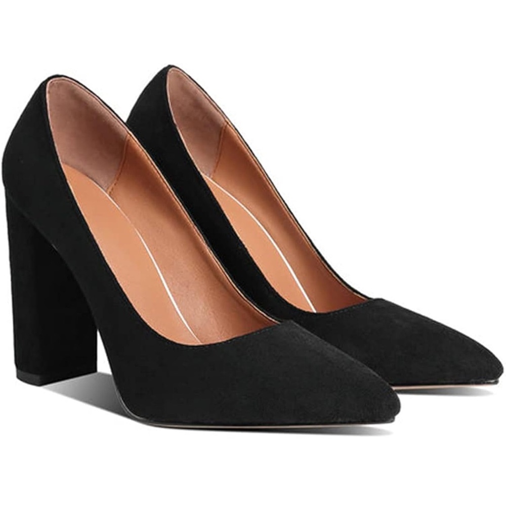 Chunky Pumps Pointed Toe Suede Closed Toe Sandals 4” Block Heel Slip On